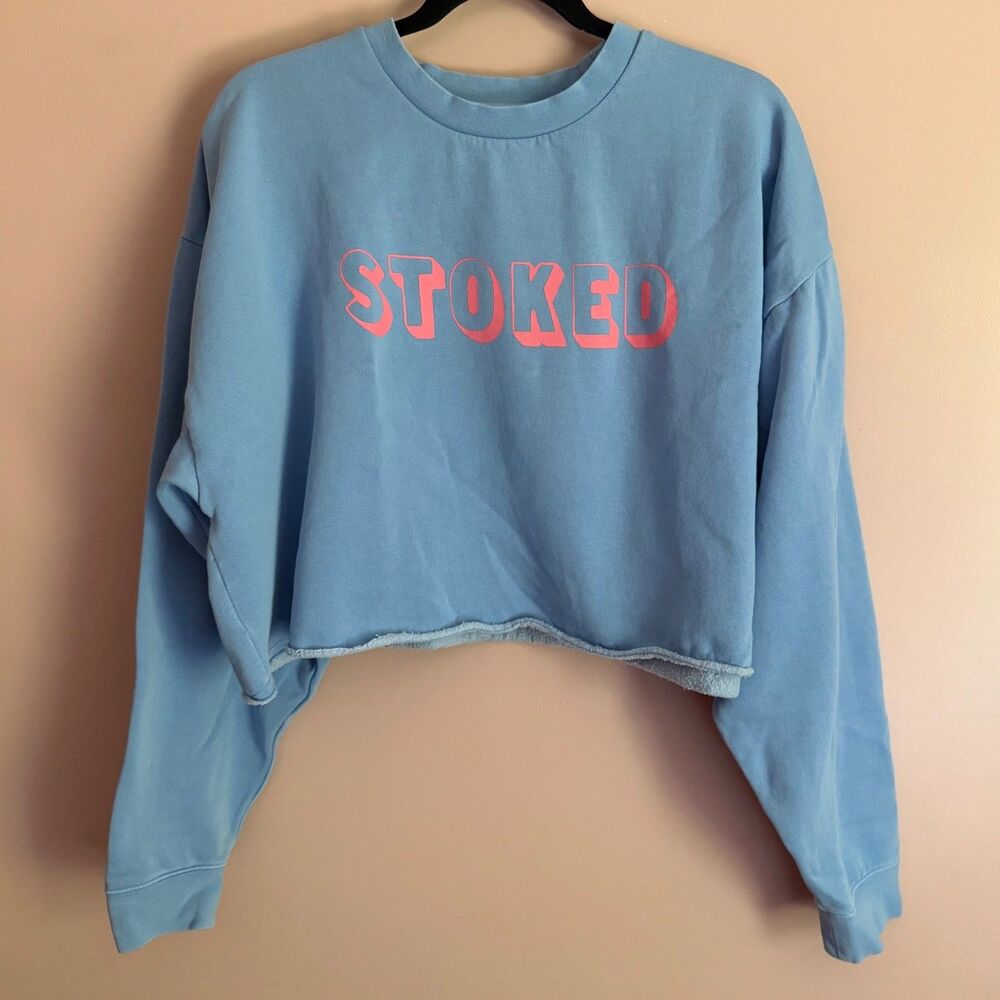 Billabong "Stoked" Cropped Sweatshirt Women's Large Blue Pink Fleece Crewneck